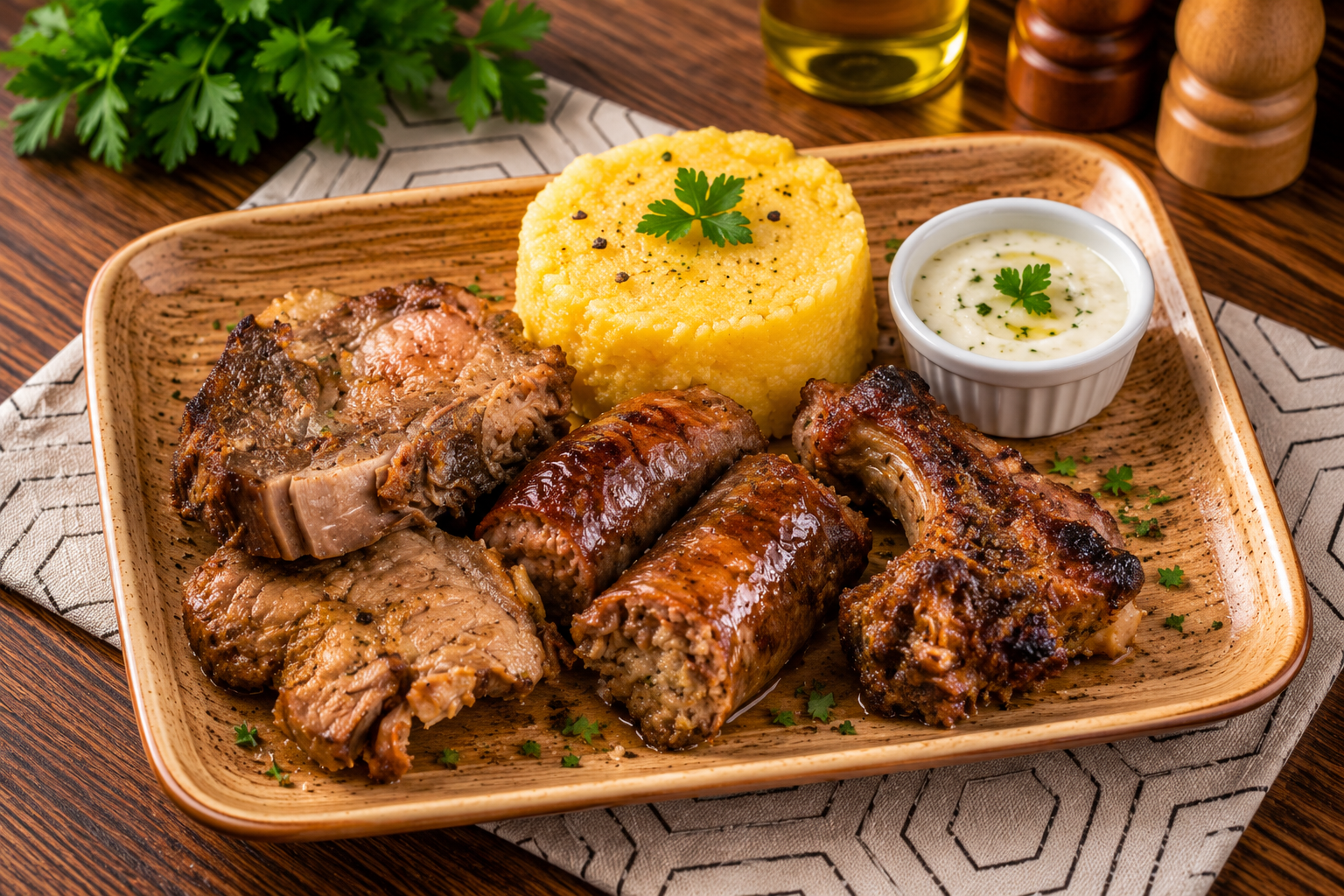 Carne de porc la garnita cu mamaliga si mujdei