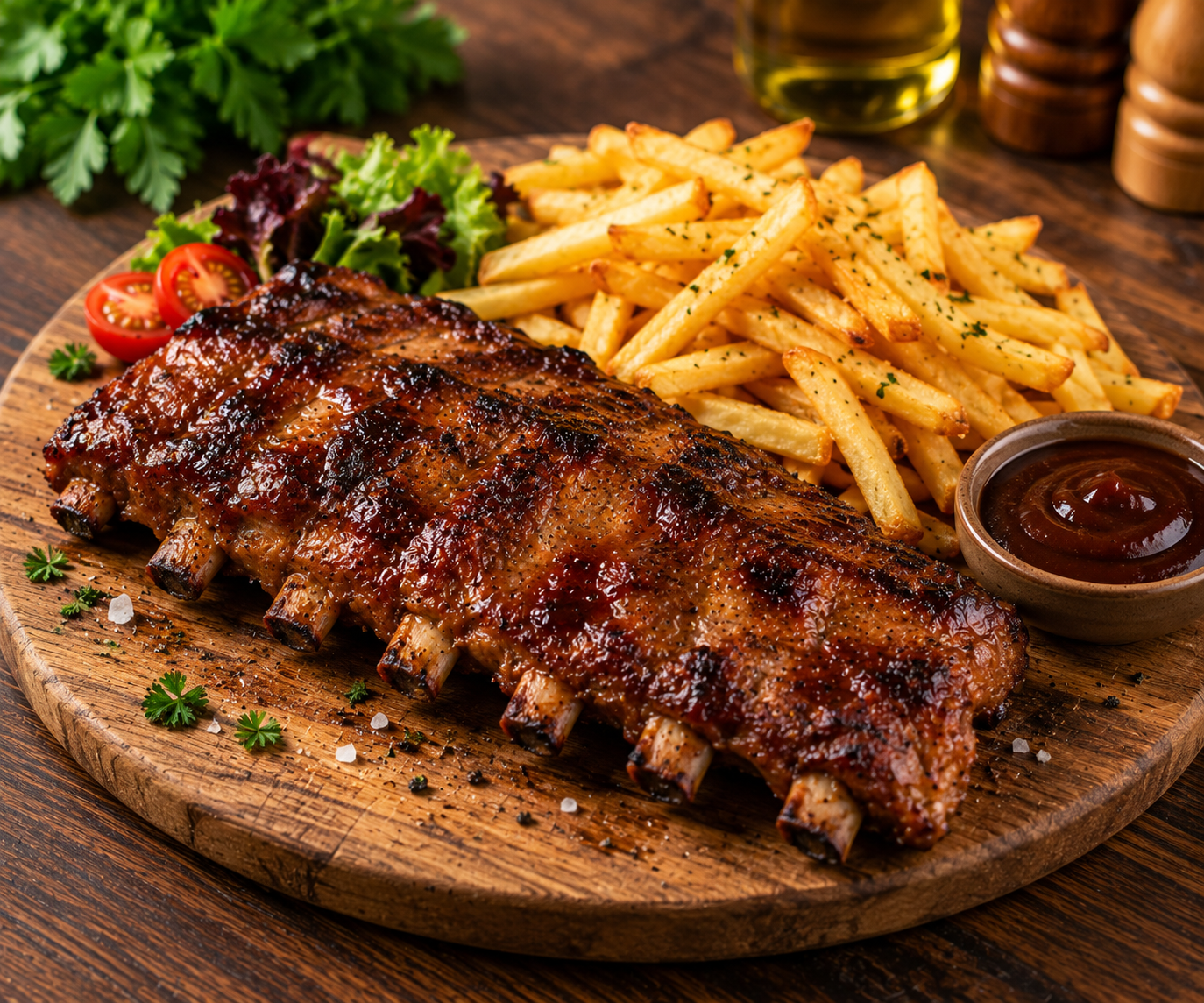 Coaste Cu Cartofi Prajiti Si Sos BBQ