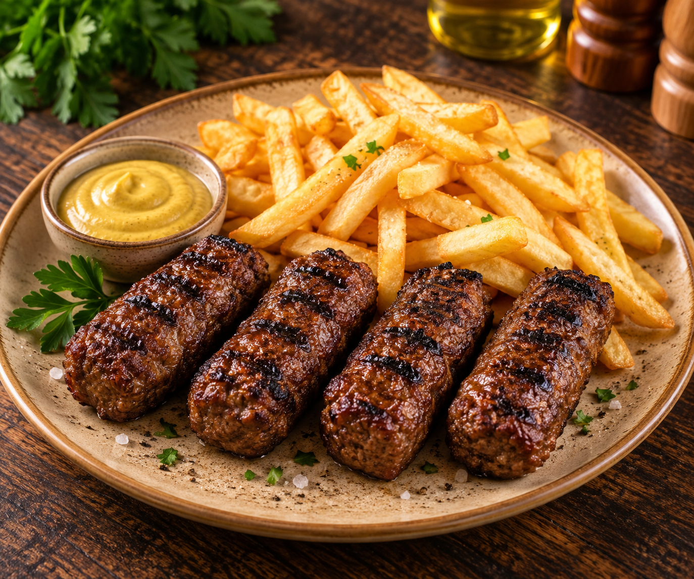 Gasca de mici cu cartofi prajiti