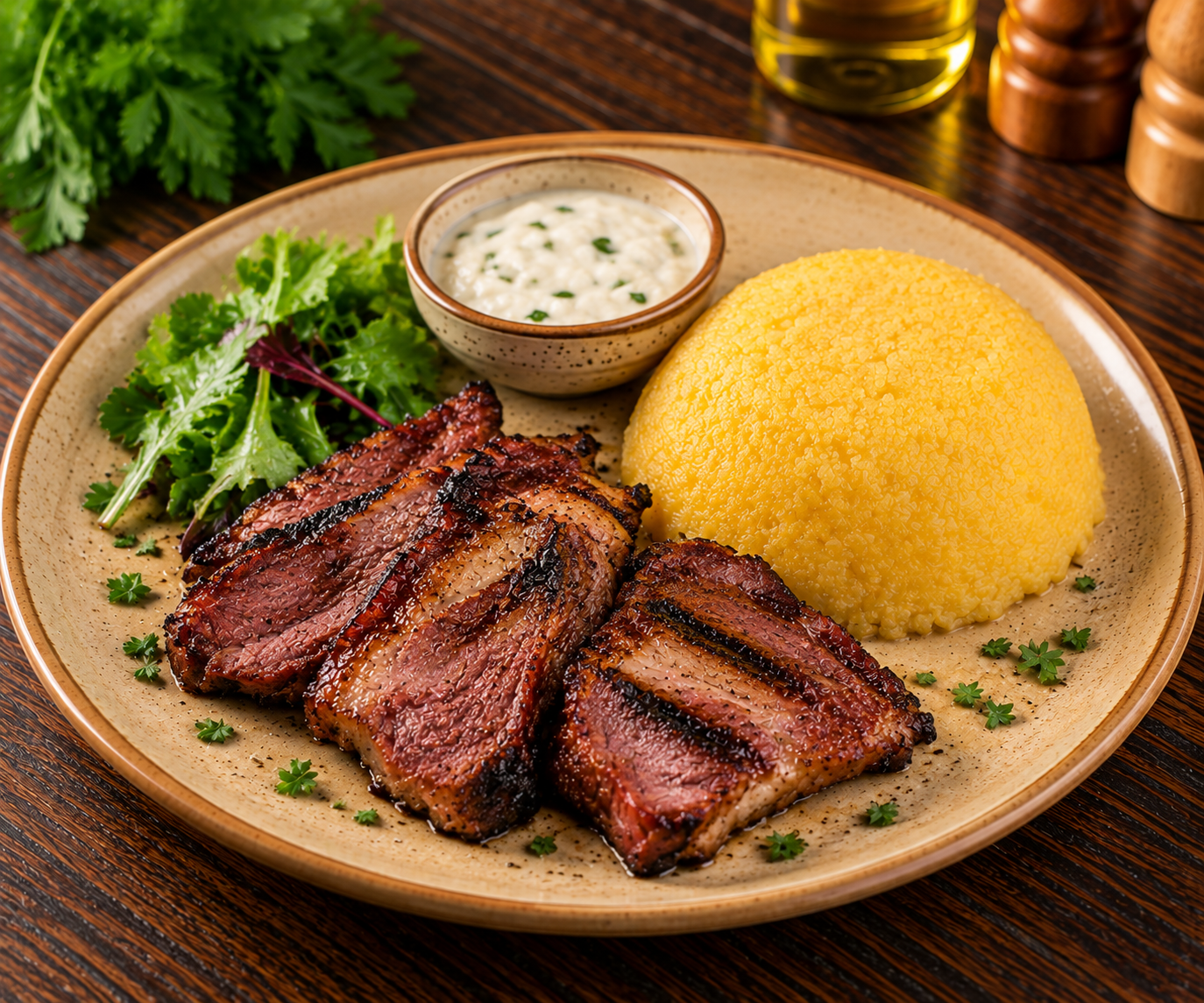 Pastrama de oaie la gratar cu mamaliga si mujdei de usturoi
